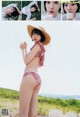 A woman in a red and white bikini and a straw hat.